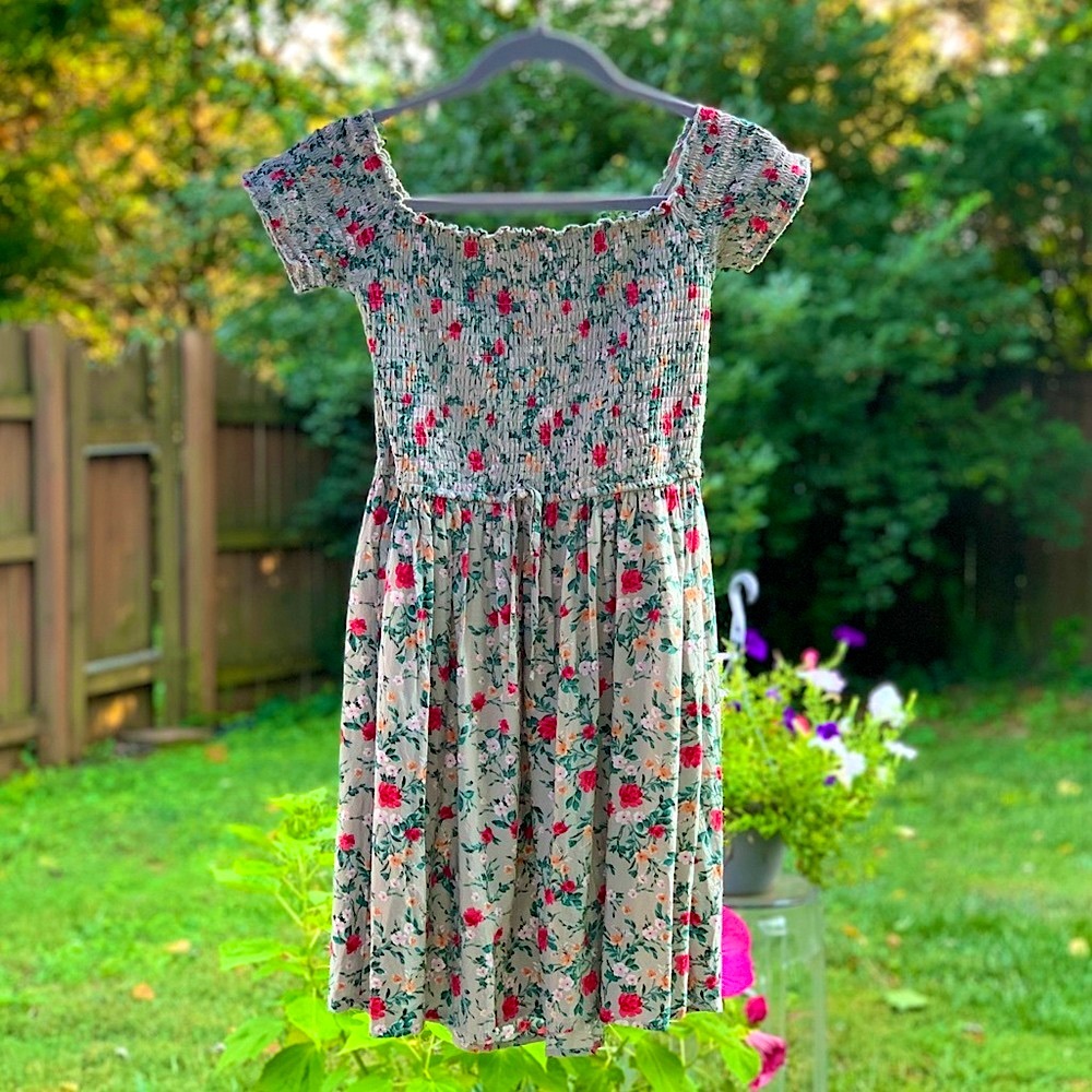 Xhilaration Floral Print Smocked Top Mini Dress w/ Pockets & Off Shoulder Sleeve